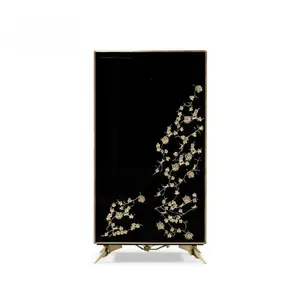 중국식 거실 캐비닛 가구 청동 발 매화 꽃 장식 골동품 나무 사각형 와인 캐비닛