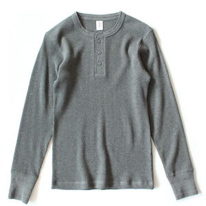 Camiseta de Manga Larga para Hombre, Estilo Retro Americano, Color Caqui, Cuello Henry, Algodón Waffle, 315g, Ajustada, Transpirable, Informal - Product Image 6