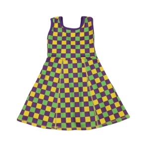 Robe d'été pour bébé fille GSD2946 rts, longueur genou, imprimé à carreaux violet, jaune et vert, sans manches, style yoga, Mardi Gras, vente en gros - Product Image 1