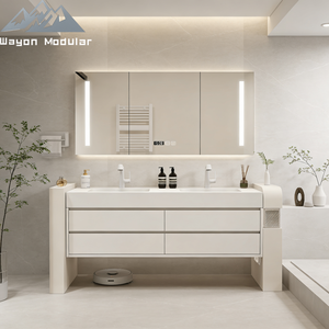 Ensemble de meuble-lavabo double moderne avec miroir LED, armoire haute de salle de bain, grand rangement, unité sur pied - Product Image 1