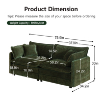 Canapé deux places moderne en tissu pour salon, canapé rembourré de grande taille avec assise profonde, 2 places avec 4 coussins, chenille verte