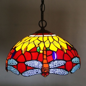 LongHuiJing Middle 12-Inch Adjustable Height European Pastoral Retro Tiffany Pendant <b>Red</b> Dragonfly Pattern Stained Glass Shade - Product Image 2