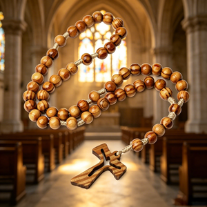 Collier religieux catholique en bois avec perles et croix plaquée argent, en alliage ABS/Zinc, mini perles phosphorescentes, vente en gros, pièce maîtresse - Product Image 2