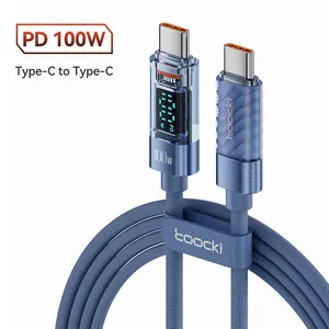 Kabel pengisi daya Tipe c PD, layar digital transparan 1m 6A 100W PD pengisian daya Cepat 100W 6A USB C kabel ekstensi ponsel USB c