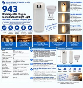 Luz nocturna con Sensor de movimiento, recargable, LED blanco, iluminación de emergencia, Sensor inteligente para dormitorio, pasillo, escaleras, armario, 943 - Product Image 1