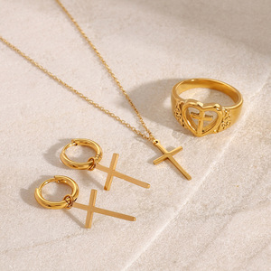 Ensemble collier, boucles d'oreilles et bague en acier inoxydable, couleur or, bijoux religieux, accessoire de mode - Product Image 3