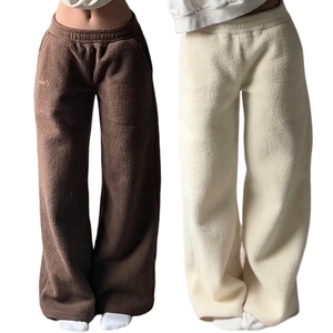 Pantalones Cómodos, Casuales, Holgados, de Invierno, Ecológicos, de Felpa, para Mujer, Color Sólido, Tela Suave Tipo Teddy, Pierna Recta, Cintura Elástica, Corte Medio - Product Image 1