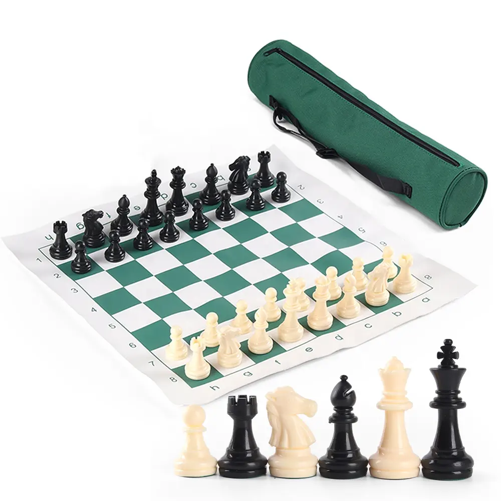 wholesale high quality portable travel chess games board set silicone roll up mat in carry tube storage bag with shoulder strap