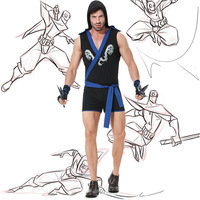 Costume de Ninja Assassin pour Homme avec Ceinture et Gants, Tenue de Cosplay d'Halloween, Design Dragon Bleu, Polyester, Quatre Saisons