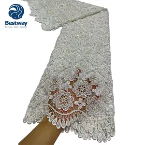 Bestway White 5 yards African Beaded Sequins Embroidery Water Soluble Cord Lace Fabric