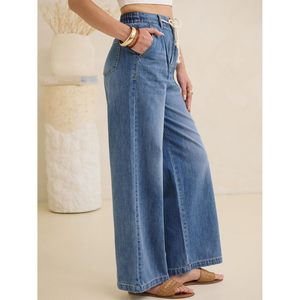 Anrabess Jeans de pierna ancha para mujer, pantalones vaqueros de cintura alta con cordón, ajuste informal y relajado con bolsillos - Product Image 3