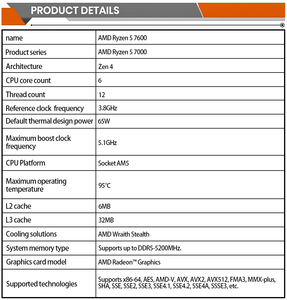 CPU 32เมกะเมตรต่อชั่วโมงสำหรับเดสก์ท็อปซีพียู <span class=keywords><strong>AMD</strong></span> <span class=keywords><strong>Ryzen</strong></span> <span class=keywords><strong>5</strong></span> <span class=keywords><strong>7600</strong></span> 3.8Ghz <span class=keywords><strong>5</strong></span>นาโนเมตร - Product Image 6