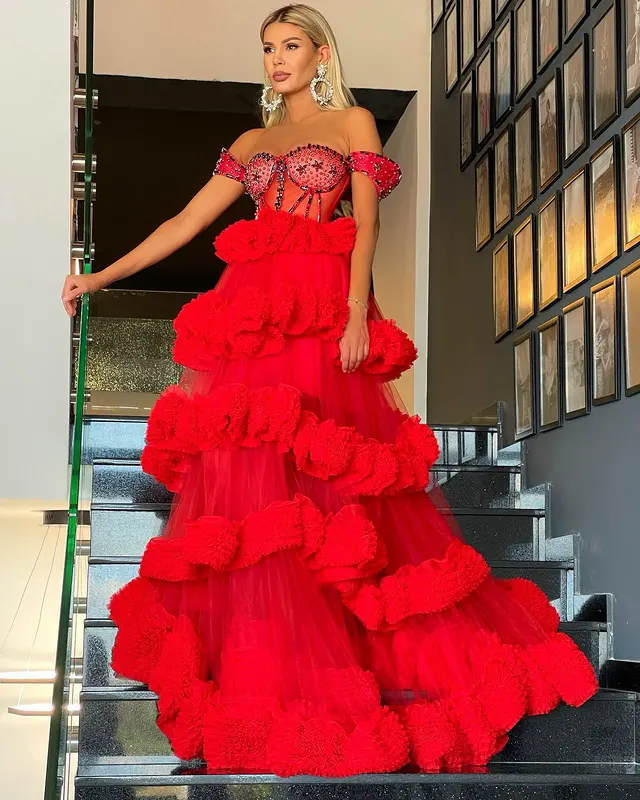 undefined A7047 Luxury women dresses red color Tiered design maxi wedding dress evening dresses