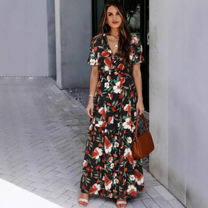 Floral Print V-neck Long <b>Dress</b> <b>Elastic</b> Waist Casual Daily Wear Short Sleeve Maxi <b>Dress</b> - Product Image 4