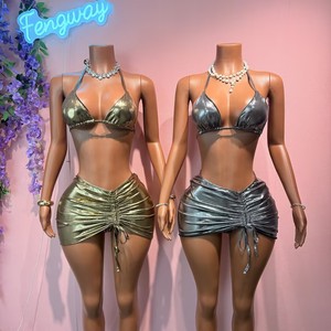 2026 New Fashion <strong>Women</strong> Sexy Silver Gold Hollow Out Crisscross <strong>Skirt</strong> Swimwear Set Bathing Suit PU Bodysuit <strong>Swimming</strong> Wear - Product Image 1