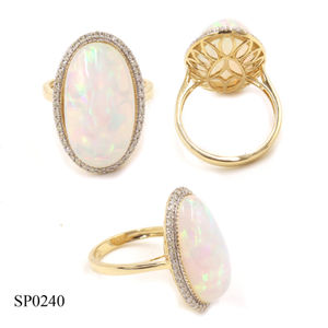 Anillo de Oro 14K con Ópalo (Ovalado) de 10.80 CT y Diamantes Blancos (Redondos) de 0.44 CT, Anillo con Gema de Ópalo, Anillos de Oro, Anillos de Diamantes, Anillos de Oro de 14K - Product Image 1