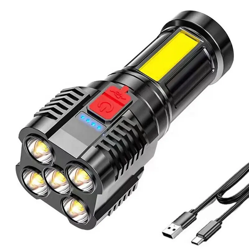 Strong Bright 5 Core LED Tactical Flashlight USB Rechargeable Powerful Flash Torch High Power COB Portable Light Camping Lantern