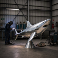 Sculpture de requin blanc géant en acier inoxydable poli miroir sur mesure, art animalier en métal pour extérieur