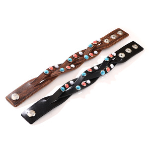 Genuine <b>Leather</b> Cuff <b>Bracelet</b> With Turquoise Inlay Brown Women's Jewelry Gift Geometric Pattern Bezel Setting QNW2709 - Product Image 3