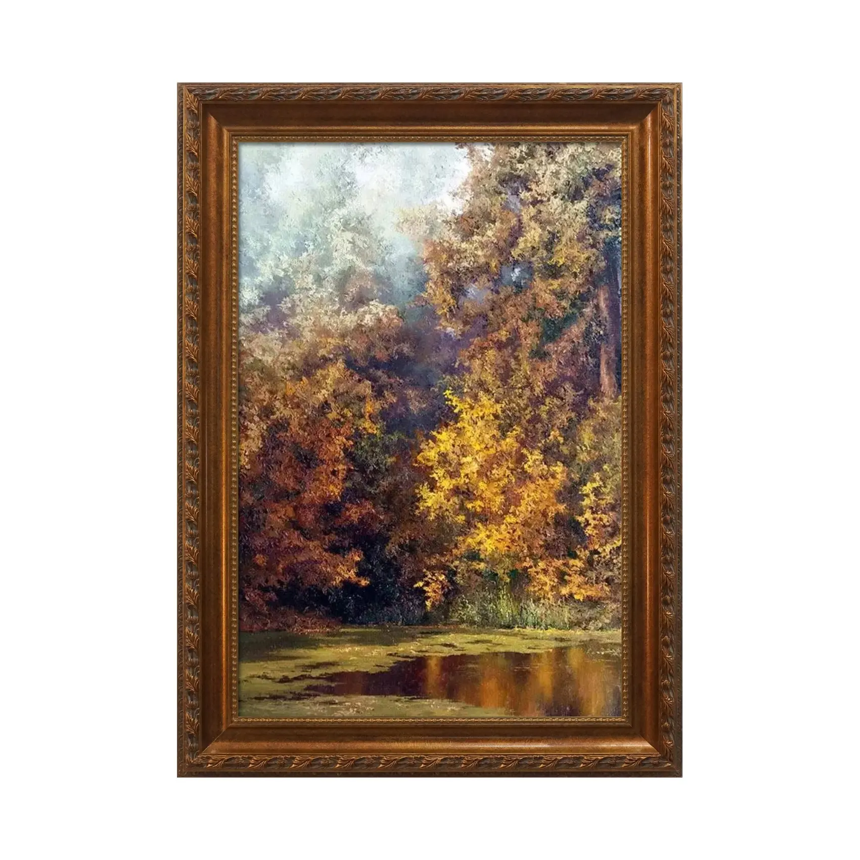 Decoración de paisaje de bosque, pintura al óleo texturizada de hojas doradas, lienzo, arte de pared