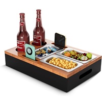 Plateau de canapé en bambou, boîte à collation pour canapé, porte-verre à vin, organisateur de canapé avec ouvre-bouteille et fourchettes en acier inoxydable