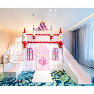 Cama de castelo da menina de madeira sólida, cama moderna 2022 de desenho animado rosa cama coroa