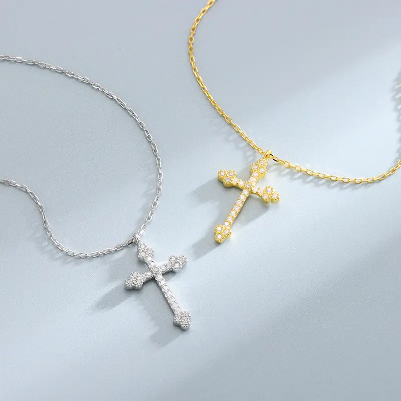 PJ-C582 Hot Selling Zircon Clavicle Chain Pendant Gold Plated Cross S925 Sterling Silver Necklace for Women