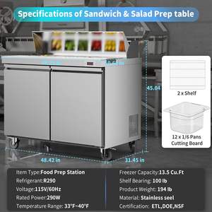 Equipo de Refrigeración Comercial de 48 W para Cocina, Mesa de Preparación de Sándwiches y Ensaladas de Acero Inoxidable con 12 Recipientes para Restaurantes y Cafeterías - Product Image 4