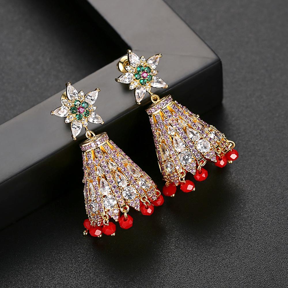 LUOTEEMI Flower Multi-shape Pink and White Zircon Earring of Exotic Jewelry for Woman Gift Design Indian Earrings