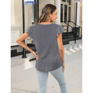 Blusa Asimétrica con Cuello en V para Mujer, Manga Corta, con Volantes, a Rayas, Informal, para el Trabajo, de Verano, de Popelina Transpirable - Product Image 3