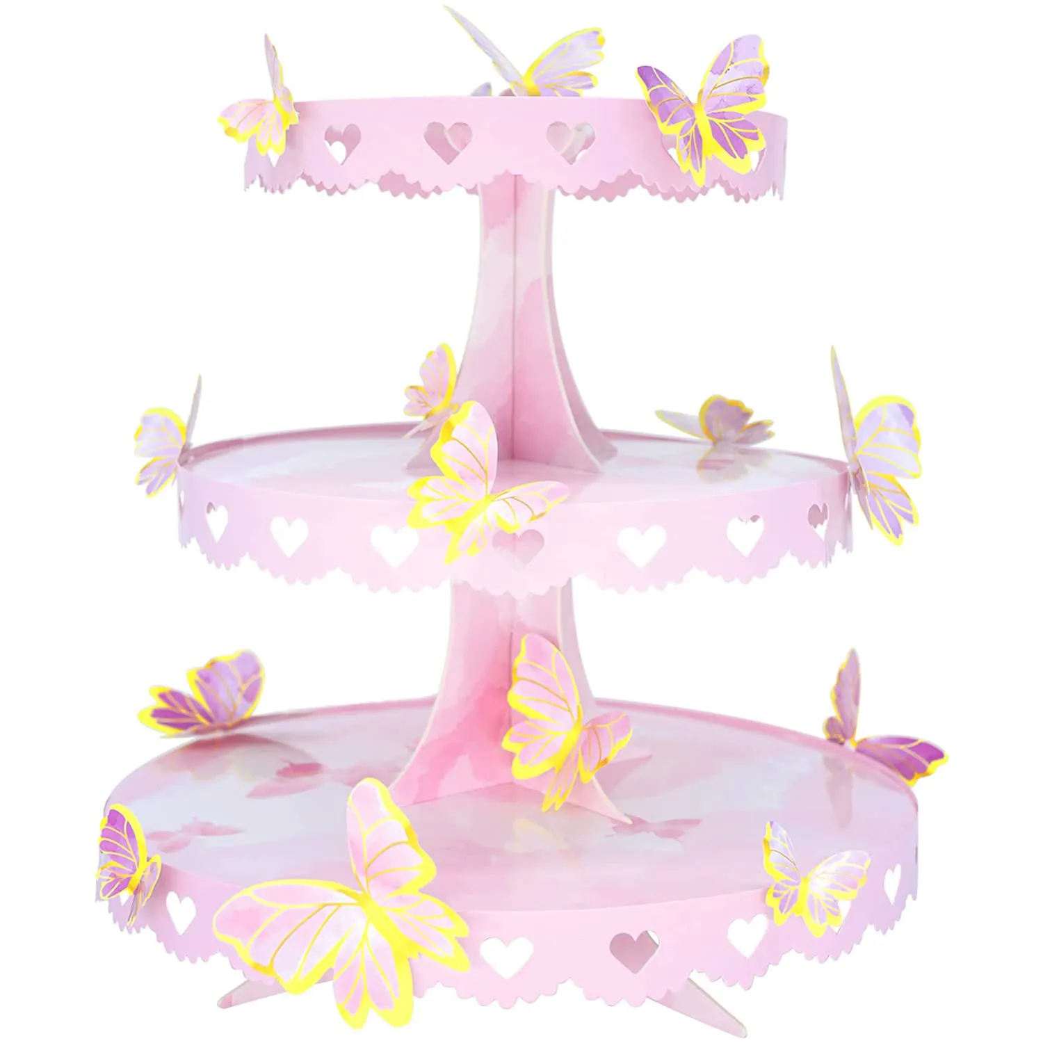 Roze Vlinder Bloemencake Stand Bruiloft Decoratie Benodigdheden 3 Tier Kartonnen Cupcake Stand Houder Voor Kinderen Verjaardagsfeestje