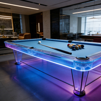 Table de billard haut de gamme S.QF 7/8/9 pieds avec plateau en ardoise, pieds transparents, éclairage LED, surface en cuir lisse et poches de récupération.