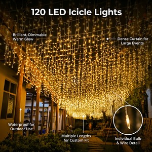Solar Waterproof Indoor/<strong>Outdoor</strong> 120LEDs Icicle <strong>Lights</strong> Warm <strong>White</strong> Christmas Holiday Roof Decoration IP44 Rated for Parties Events - Product Image 2