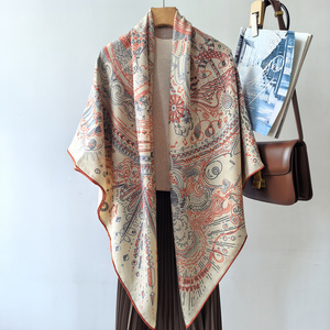 Silk Scarf 135*135cm Twill Hand Rolled Hem <b>Screen</b> Printed Digital Design <b>Leaf</b> Long Square Scarf Wholesale - Product Image 4