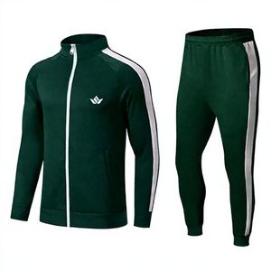 Men's Green Full <b>Zip</b> <b>Hooded</b> Tracksuit Set Breathable Polyester Jacket and Pants Solid Color Athletic Sportswear for Autumn - Product Image 1