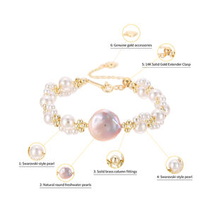 Pulsera <span class=keywords><strong>de</strong></span> Perlas <span class=keywords><strong>de</strong></span> Agua Dulce para <span class=keywords><strong>Mujer</strong></span>, Tendencia 2025, Chapada en Oro <span class=keywords><strong>de</strong></span> 14K, Extensor, Detalles Refinados en Latón, Diseño Floral Minimalista y Lujoso - Product Image 3