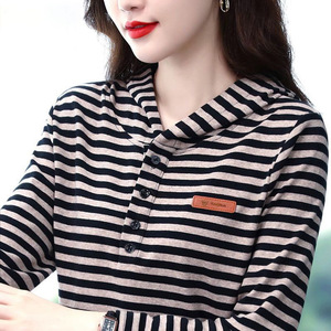 Striped Hooded Long Sleeve Shirt Women Knitted Breathable Autumn Plus Size Base Layer Top Half Button Outfit - Product Image 2