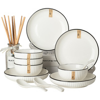 Service de vaisselle en céramique sous glaçure haute température au design minimaliste et motif rayé - Bol, assiette, cuillère, articles cadeaux