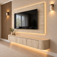 Lemari TV Gantung MDF Motif Batu dengan Ujung Melengkung, Lampu LED Hangat, Konsol Media Dinding, Warna Dapat Disesuaikan