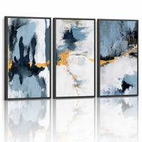 Lot de 3 tableaux muraux abstraits bleus et dorés avec cadre en aluminium noir mat – Décoration moderne pour bureau, hall d'accueil, appartement en copropriété, espace commun