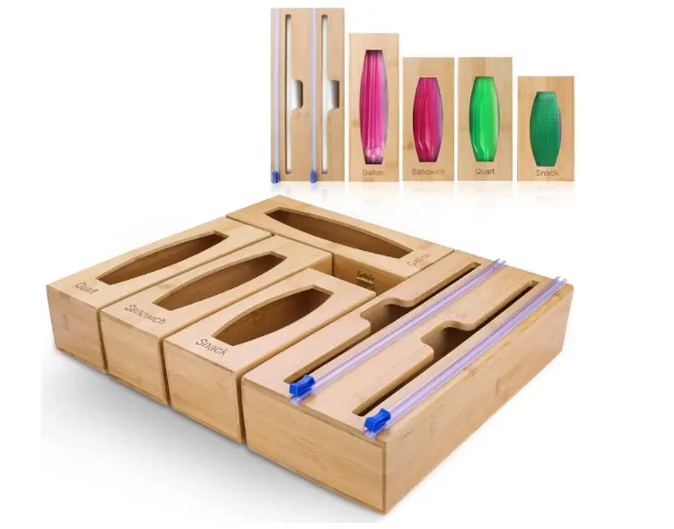 Bamboo Ziplock Bag Storage Organizer with Lid Cabinet Drawer Organization Compatible with Gallon, Quart, Sandwich & Snack