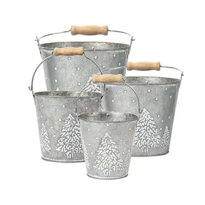 Christmas Galvanized Metal Buckets With Xmas Trees Pattern 4 Size Farmhouse Tin Planters With Wood Handles