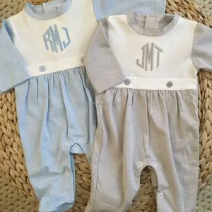 Wholesale Baby Monogram Footie Romper Personalized Baby Boys Tiny Stripe Coming Home Outfit