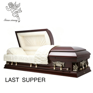 Ataúd Funerario <span class=keywords><strong>de</strong></span> Madera <span class=keywords><strong>de</strong></span> Caoba <span class=keywords><strong>de</strong></span> Alta Gama con Relieves <span class=keywords><strong>de</strong></span> la Última Cena y Estatua <span class=keywords><strong>de</strong></span> la Piedad, Interior Crema, Católico - Product Image 1