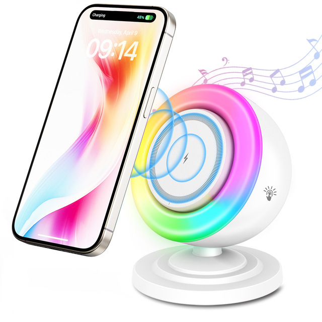 Desktop Multifunctional Magnetic Wireless Charger Phone Stand Holder Bracket Mini Speaker RGB Cool Light Fast Wireless Charger