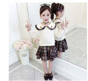 Wholesale New Spring Girl's Autumn Embroidered Peter Pan Collar Kid Shirt Tartan Skirt Two Pieces Suit - Product Image 3
