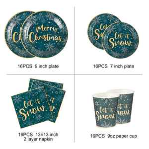 Fournitures pour dîner de Noël, ensemble de vaisselle « Let It Snow », assiettes, serviettes et gobelets en papier jetables verts et dorés, pour 16 invités - Product Image 2