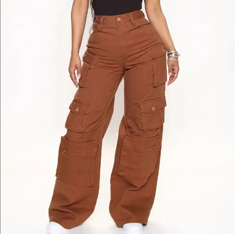 Calça jeans feminina multicolorida, calça jeans feminina de muitos bolsos, novidade, atacado, para mulheres