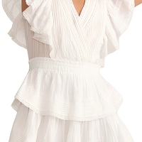 Nouvelle Arrivée 5666 2026 Robe Courte Décontractée Blanche à Col en V et Manches Courtes, Style Bohème Chic Vintage, Volants Superposés, Tissée Teinte Unie, pour l'Automne