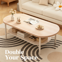 Table basse ovale à double niveau avec rangement, table centrale en bois naturel à 2 niveaux, coins arrondis style nordique pour salon
